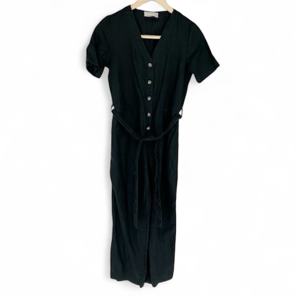 EVERLANE Women's The 100% Linen Short-Sleeve‎ Jumpsuit Size 0 Black - Picture 2 of 14